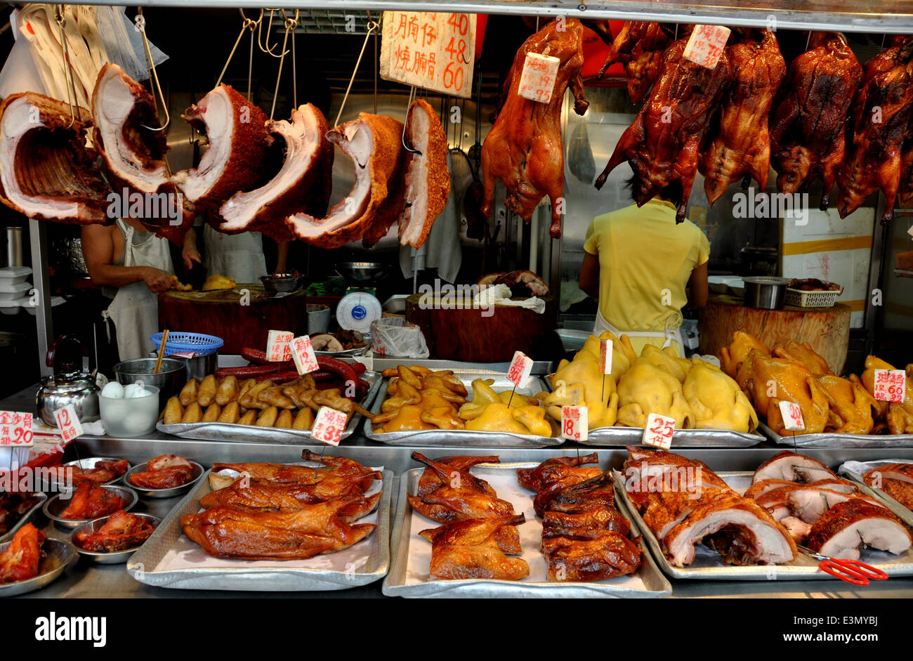 HONG KONG A display of pork cuts, chickens, and ducks at a Mong Kok