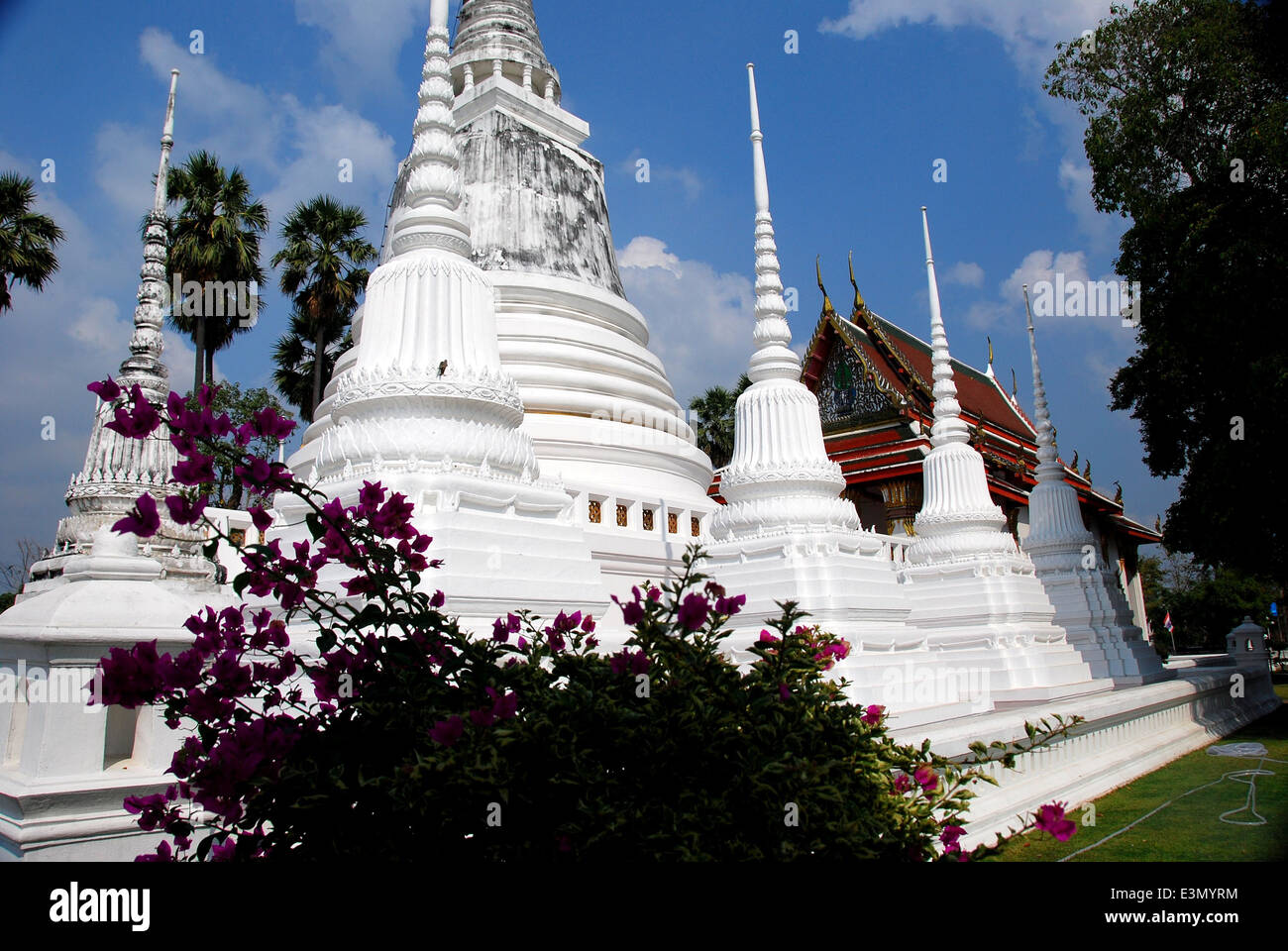 Ayutthaya, Thailand: A row of magnificent white Chedis at Wat Suwandararam Stock Photo