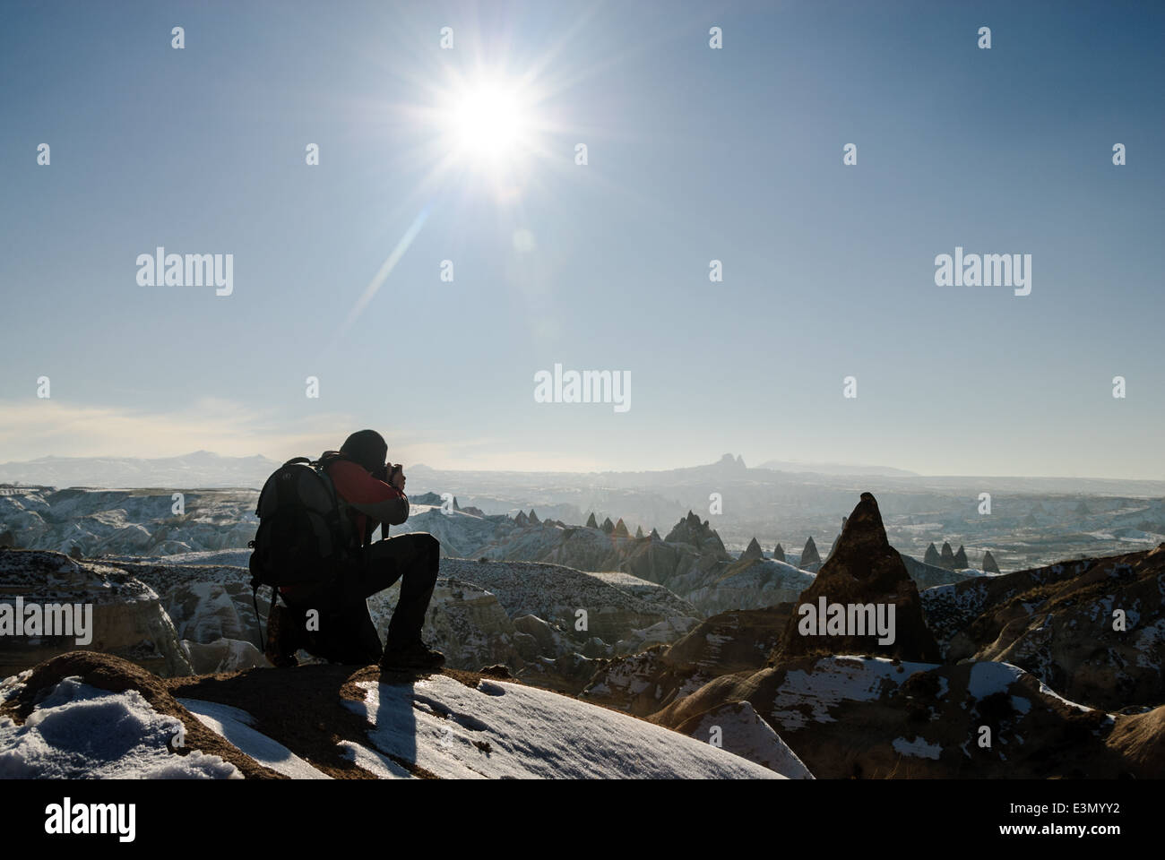 Silhouette of a man taking pictures of a landscape, Goreme, Capadocia, Turkia Stock Photo