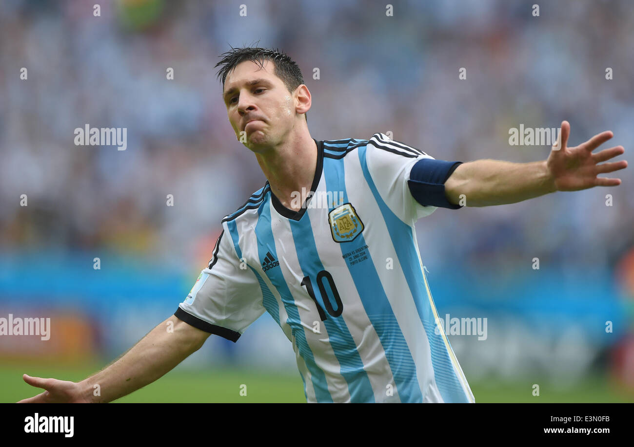 Porto Alegre, Brazil. 25th June, 2014. PORTO ALEGRE BRAZIL -15 Jun: Leo Messi celebration in the match between Argentina and Nigeria, corresponding to the group F of the World Cup 2014, played at the Beira Rio stadium, on June 25, 2014. Photo: Edu Andrade/Urbanandsport/Nurphoto Credit:  Edu Andrade/NurPhoto/ZUMAPRESS.com/Alamy Live News Stock Photo