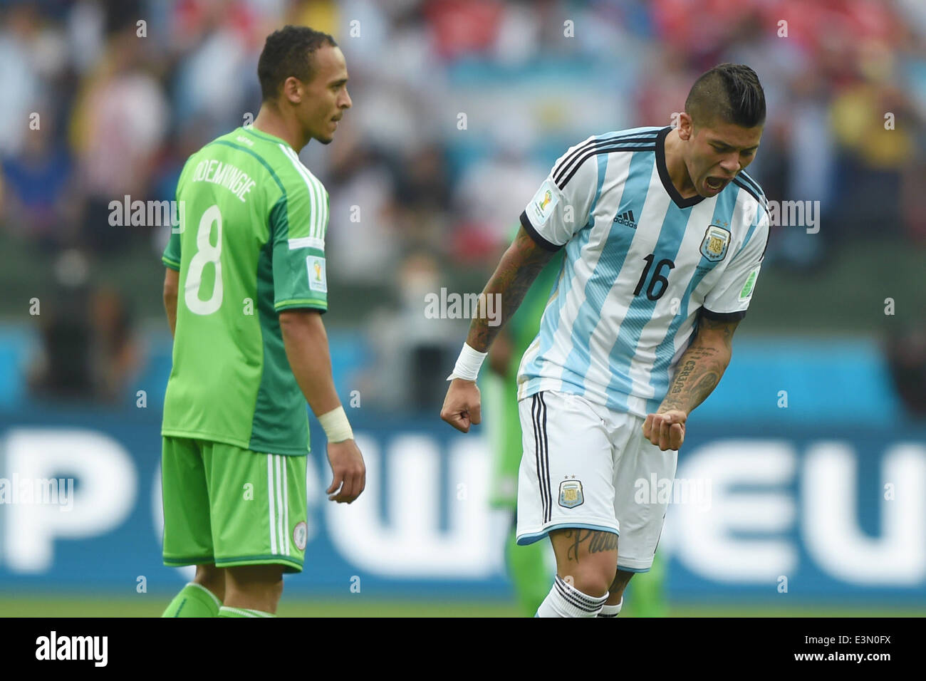 Porto Alegre, Brazil. 25th June, 2014. PORTO ALEGRE BRAZIL -15 Jun: Marcos Rojo and Odemwingie in the match between Argentina and Nigeria, corresponding to the group F of the World Cup 2014, played at the Beira Rio stadium, on June 25, 2014. Photo: Edu Andrade/Urbanandsport/Nurphoto Credit:  Edu Andrade/NurPhoto/ZUMAPRESS.com/Alamy Live News Stock Photo