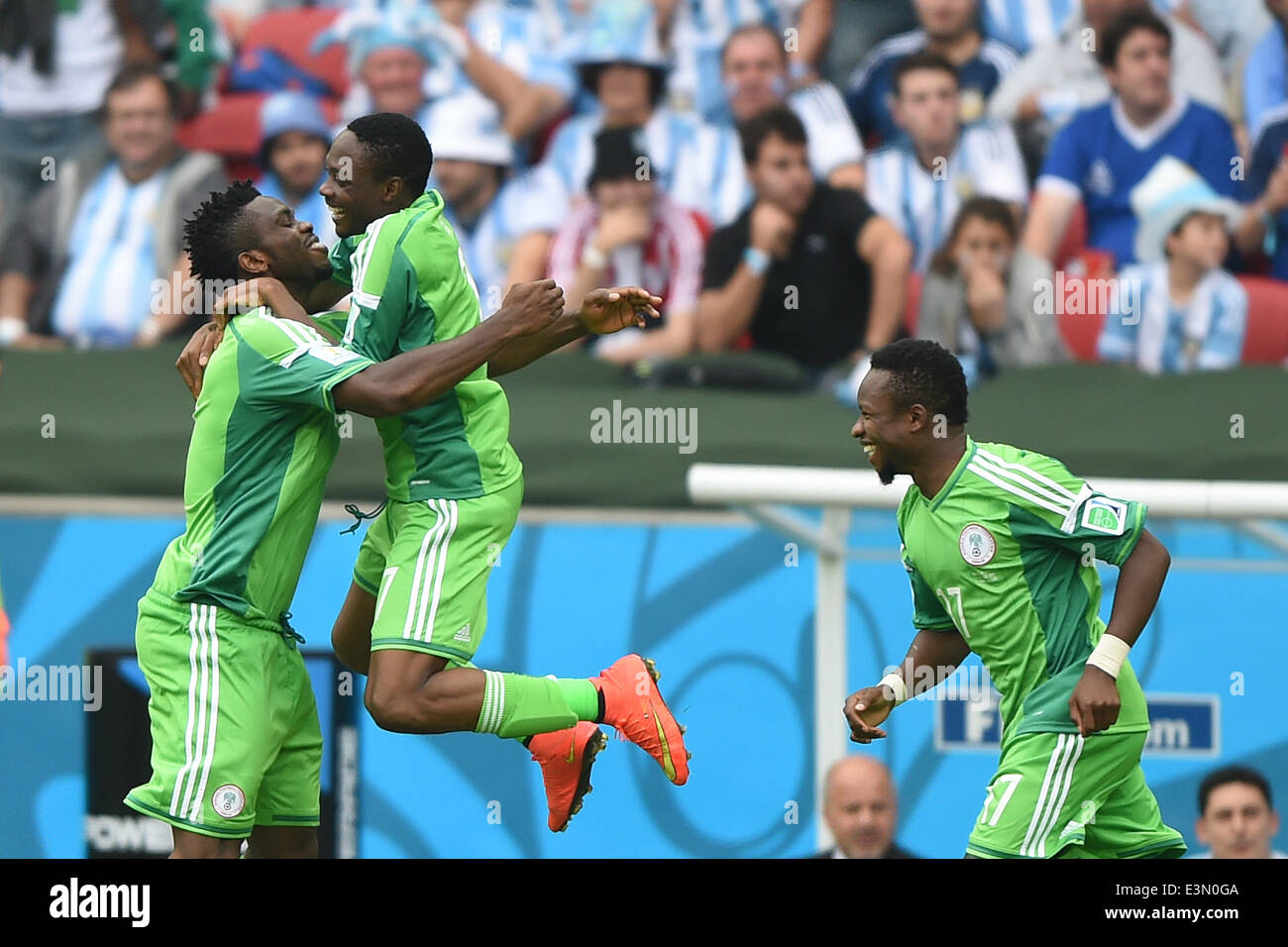 Porto Alegre, Brazil. 25th June, 2014. PORTO ALEGRE BRAZIL -15 Jun: Ahmed Musa celebration in the match between Argentina and Nigeria, corresponding to the group F of the World Cup 2014, played at the Beira Rio stadium, on June 25, 2014. Photo: Edu Andrade/Urbanandsport/Nurphoto Credit:  Edu Andrade/NurPhoto/ZUMAPRESS.com/Alamy Live News Stock Photo