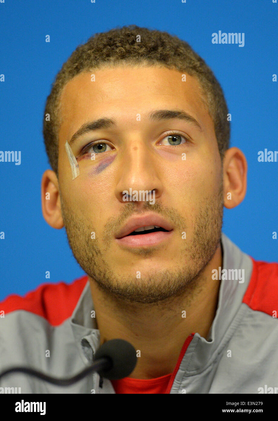 Recife, Brazil. 25th June, 2014. Fabian Johnson during a press conference of the USA national soccer team in the Arena Pernambuco in Recife, Brazil, 25 June 2014. The FIFA World Cup 2014 will take place in Brazil from 12 June to 13 July 2014. Photo: Thomas Eisenhuth/dpa/Alamy Live News Stock Photo
