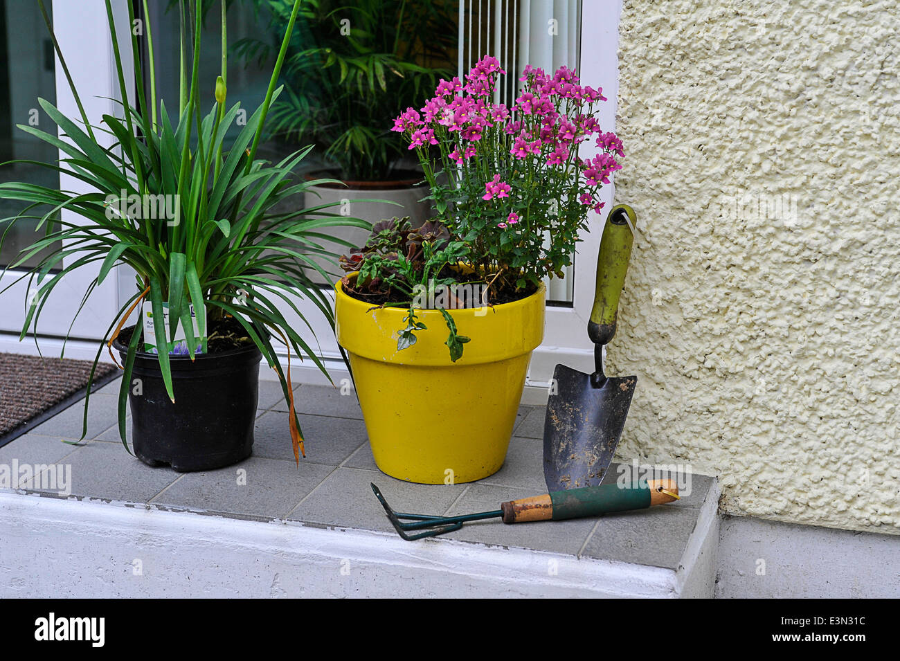 Garden essentials: , terra cotta pots, flowers, and garden tools Stock Photo