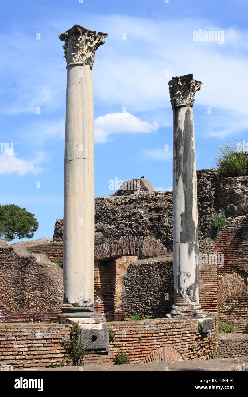 Columns of an ancient roman temple in Ostia Antica, the old harbour of Rome, Italy Stock Photo