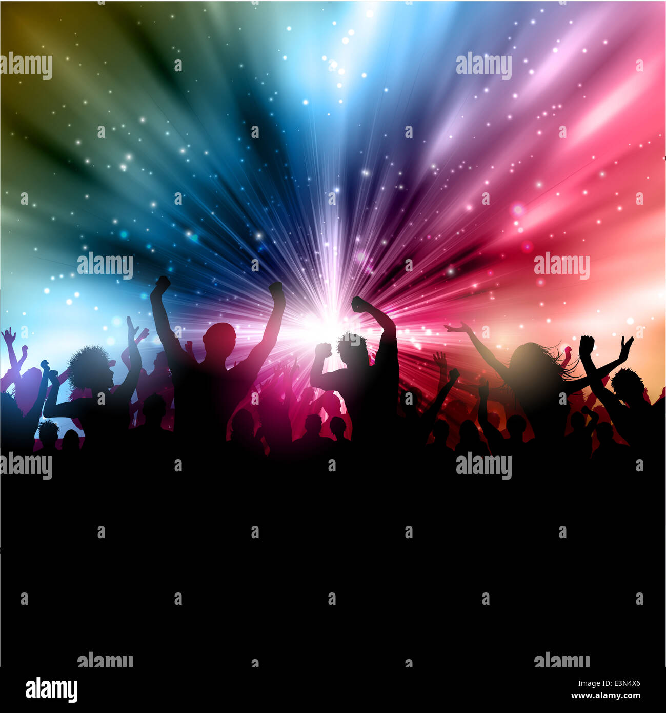 Silhouette of a party crowd on an abstract starburst background Stock ...