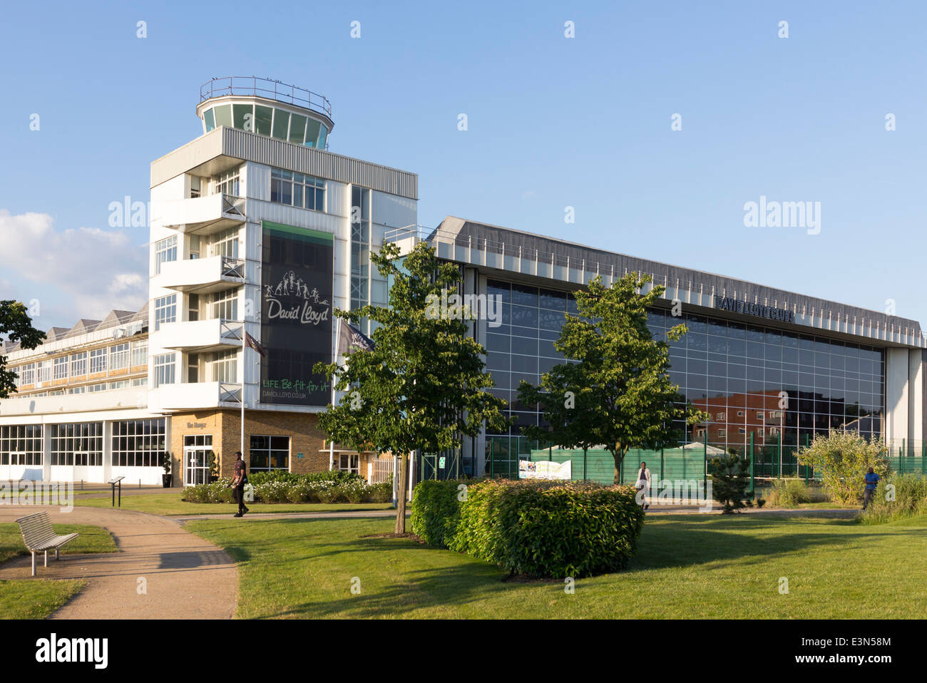 Old Hatfield Airfield Flight Test Hangar and Control Tower, now David Lloyd Gym and Hotel - Hatfield Business Park - Herts Stock Photo