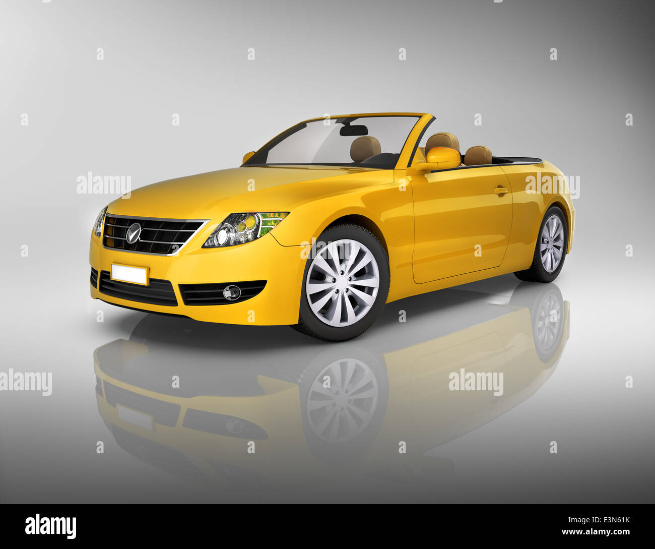 Studio shot of three-dimensional yellow convertible. Stock Photo