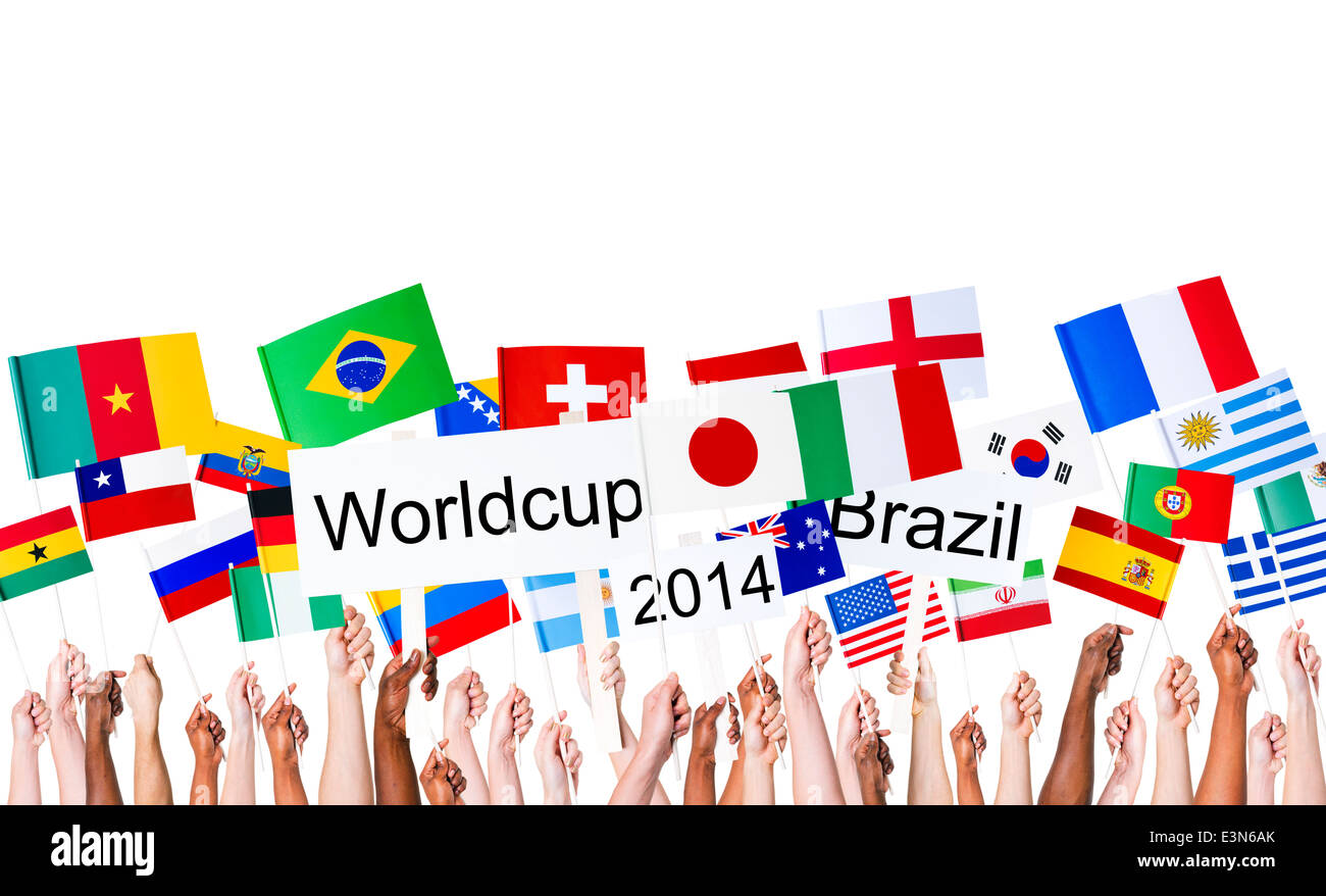 Raised Arms Holding Many Nation's Flag and Banners for World Cup Stock Photo