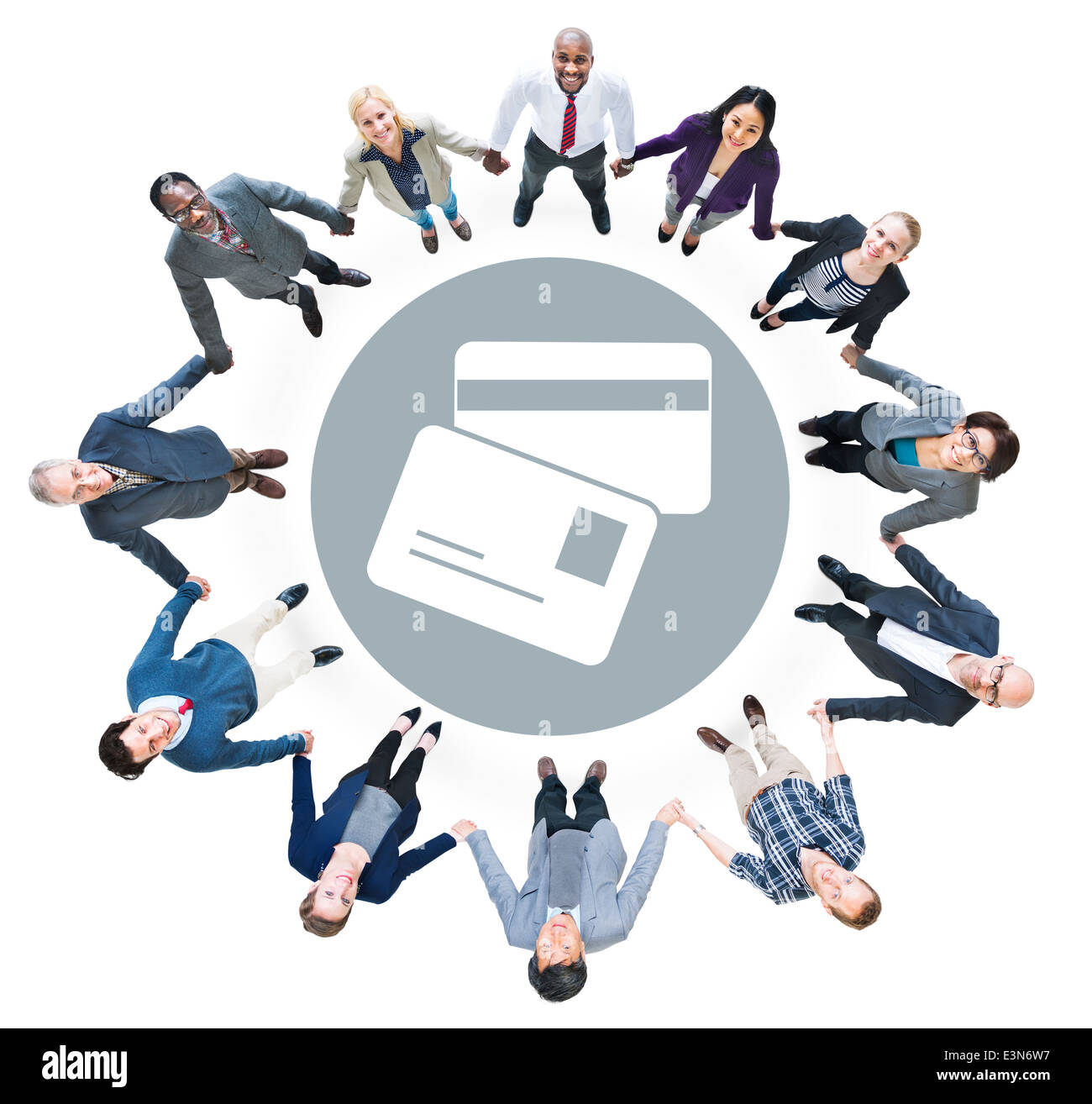 Cheerful Business People Looking Up with Credit Card Symbol Stock Photo