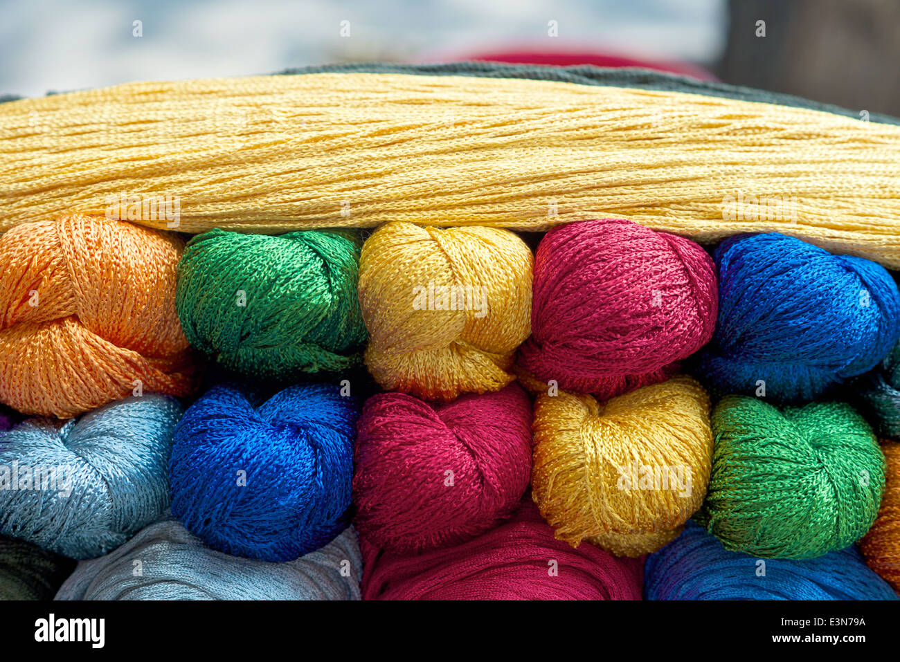 Colorful yarn in the fabric market in Ho Chi Minh City Vietnam Stock Photo