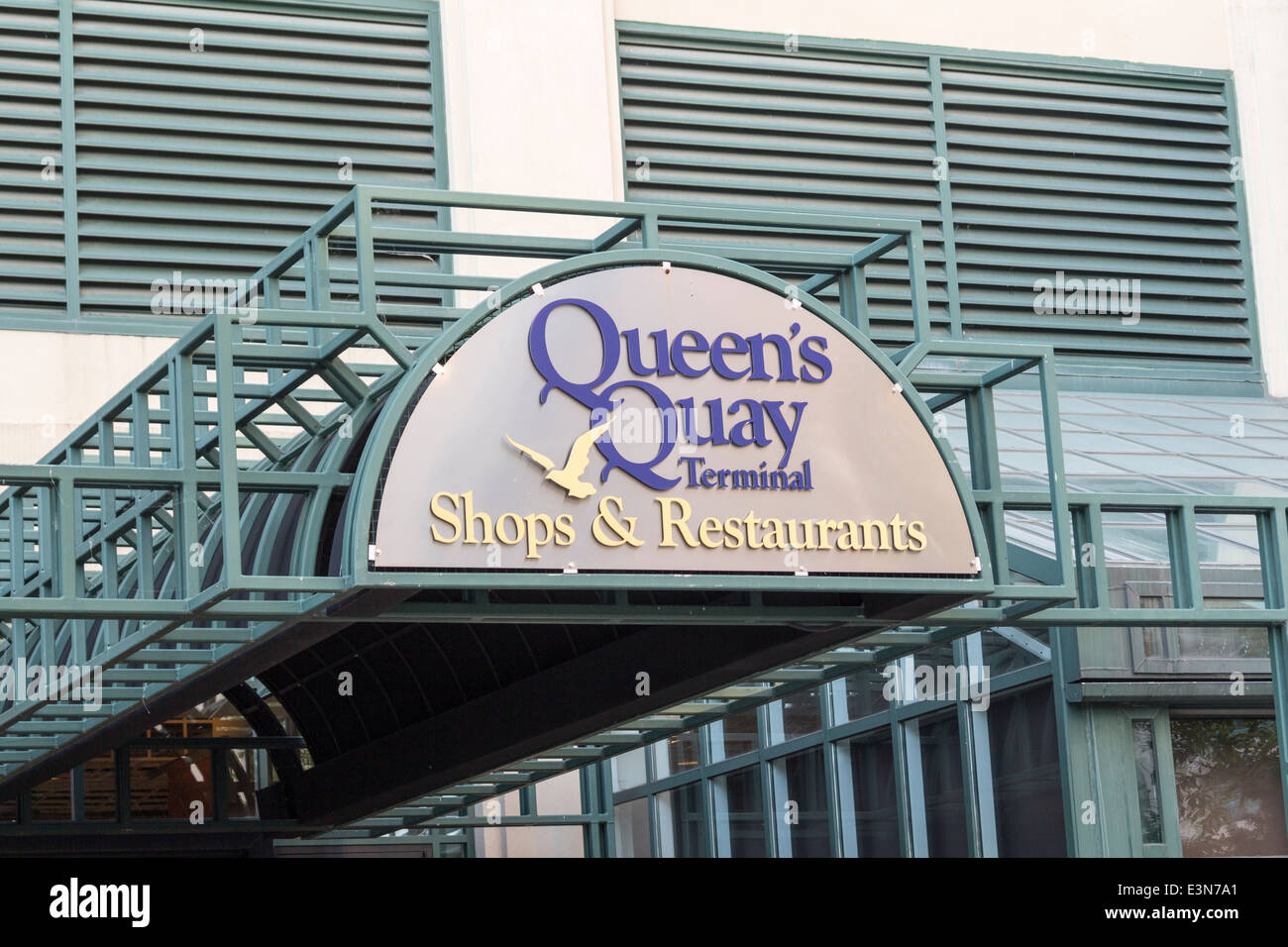 Sign for Queens Quay Shops and Restaurants on the waerfront in Toronto Harbour Stock Photo