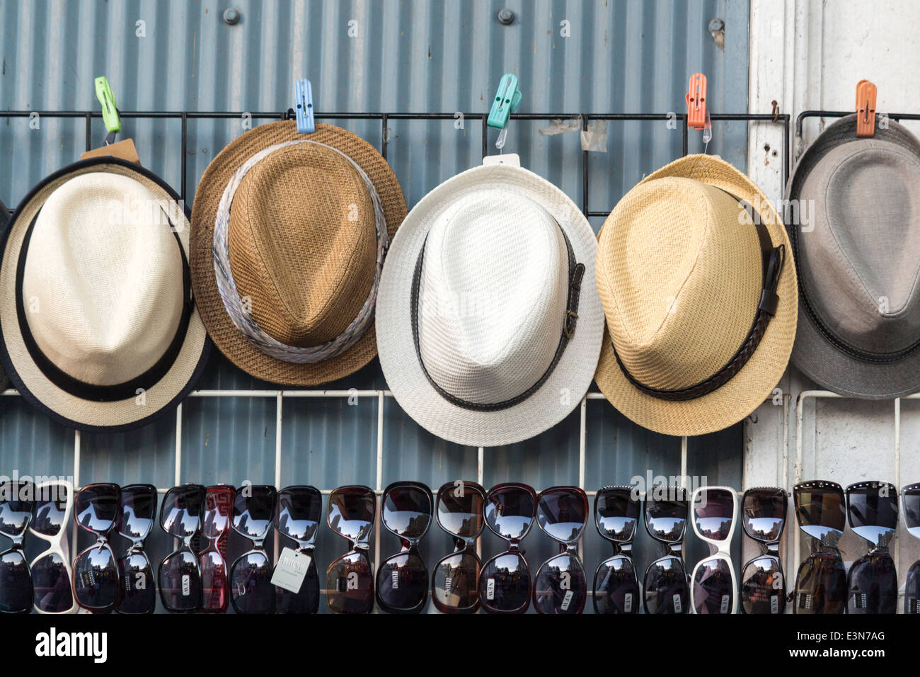 Hats and sunglasses on sale at Harbourfront on the Toronto waterfront. Stock Photo