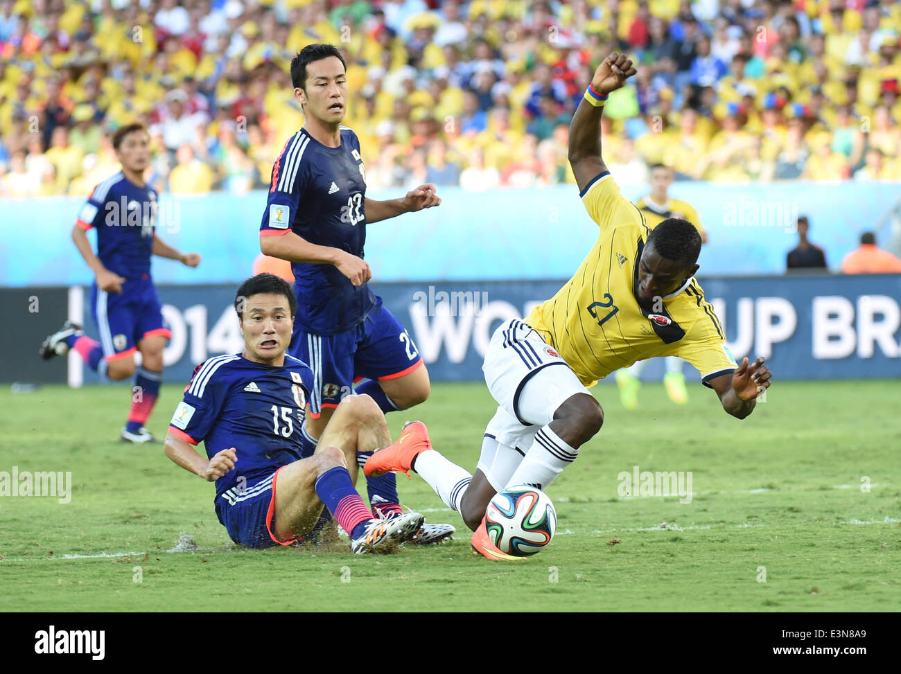 Cuiaba, Brazil. 24th June, 2014. Colombia's Jackson Martinez falls down during a Group C match between Japan and Colombia of 2014 FIFA World Cup at the Arena Pantanal Stadium in Cuiaba, Brazil, June 24, 2014. © Liu Dawei/Xinhua/Alamy Live News Stock Photo