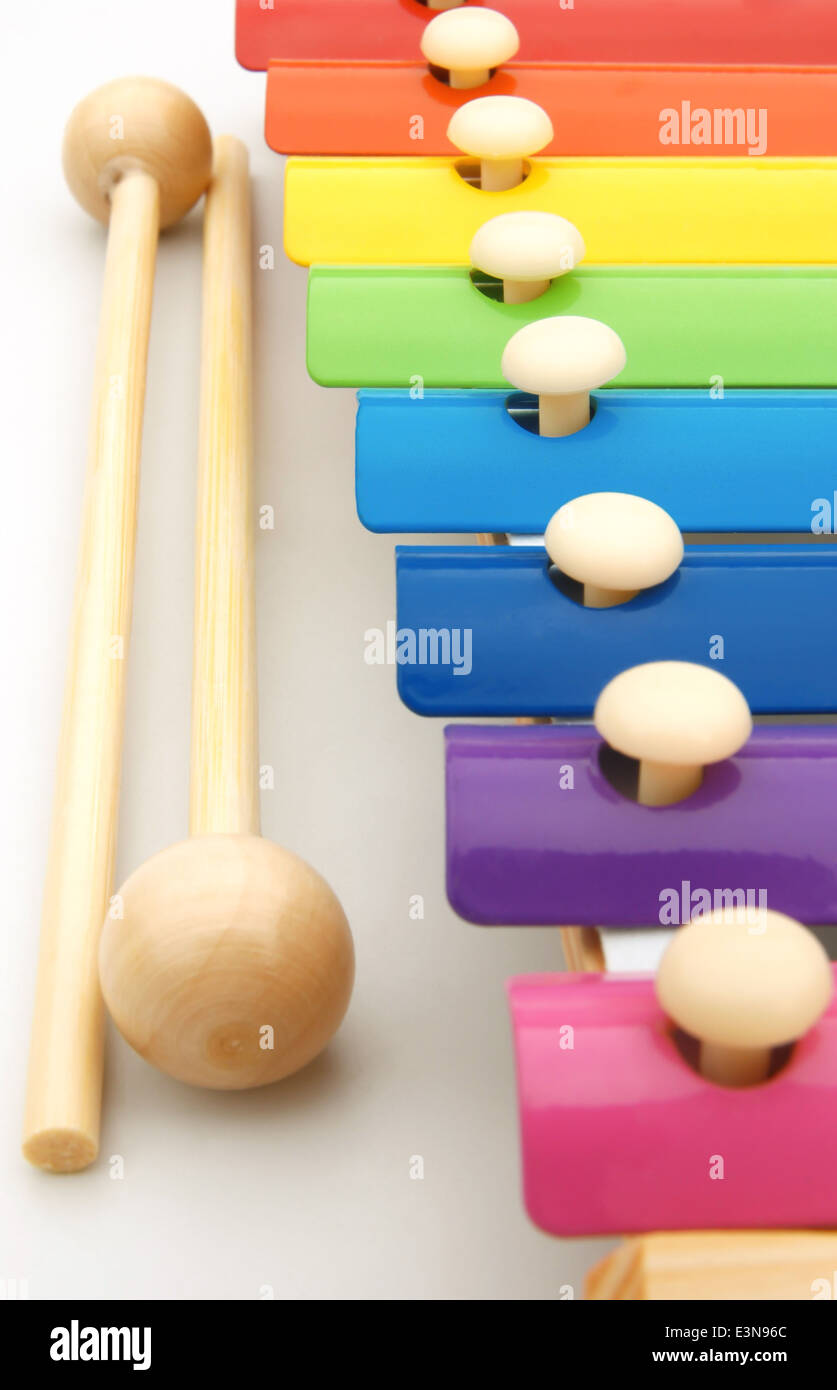 close up look of colorful xylophone and sticks, vertical Stock Photo