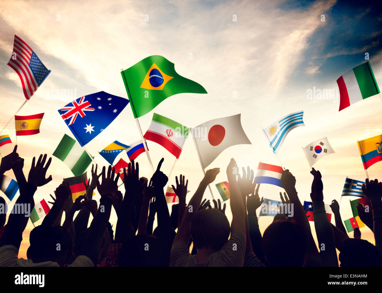 Group of People Waving Flags in World Cup Theme Stock Photo