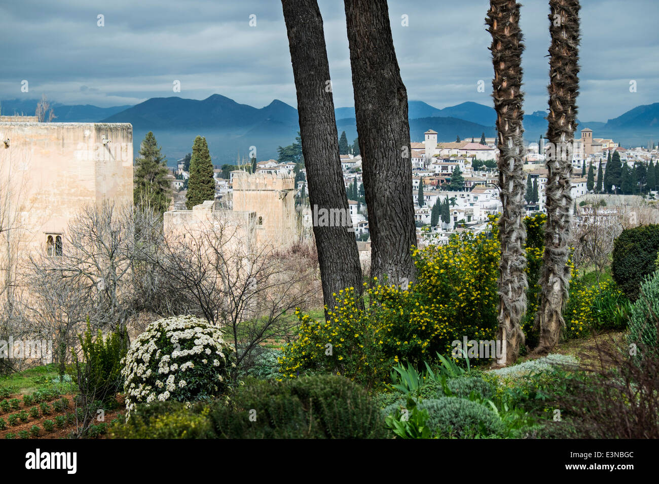 View of cityscape from garden, Alhambra, Granada, Spain Stock Photo