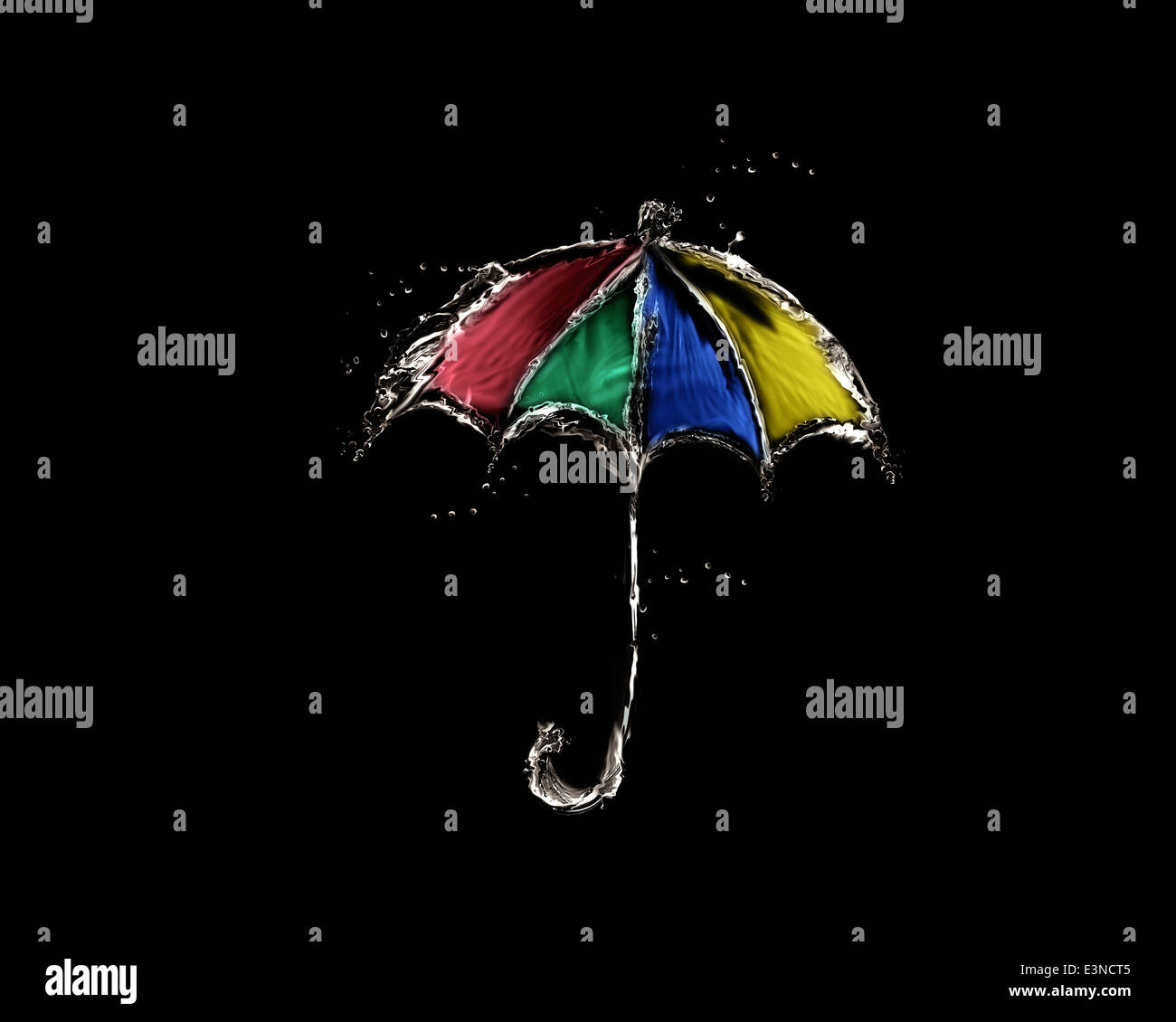 A colored umbrella made of water on black. Stock Photo