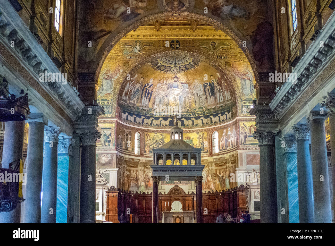 The apse of Santa Maria in Trastevere featuring gold mosaics. Rome
