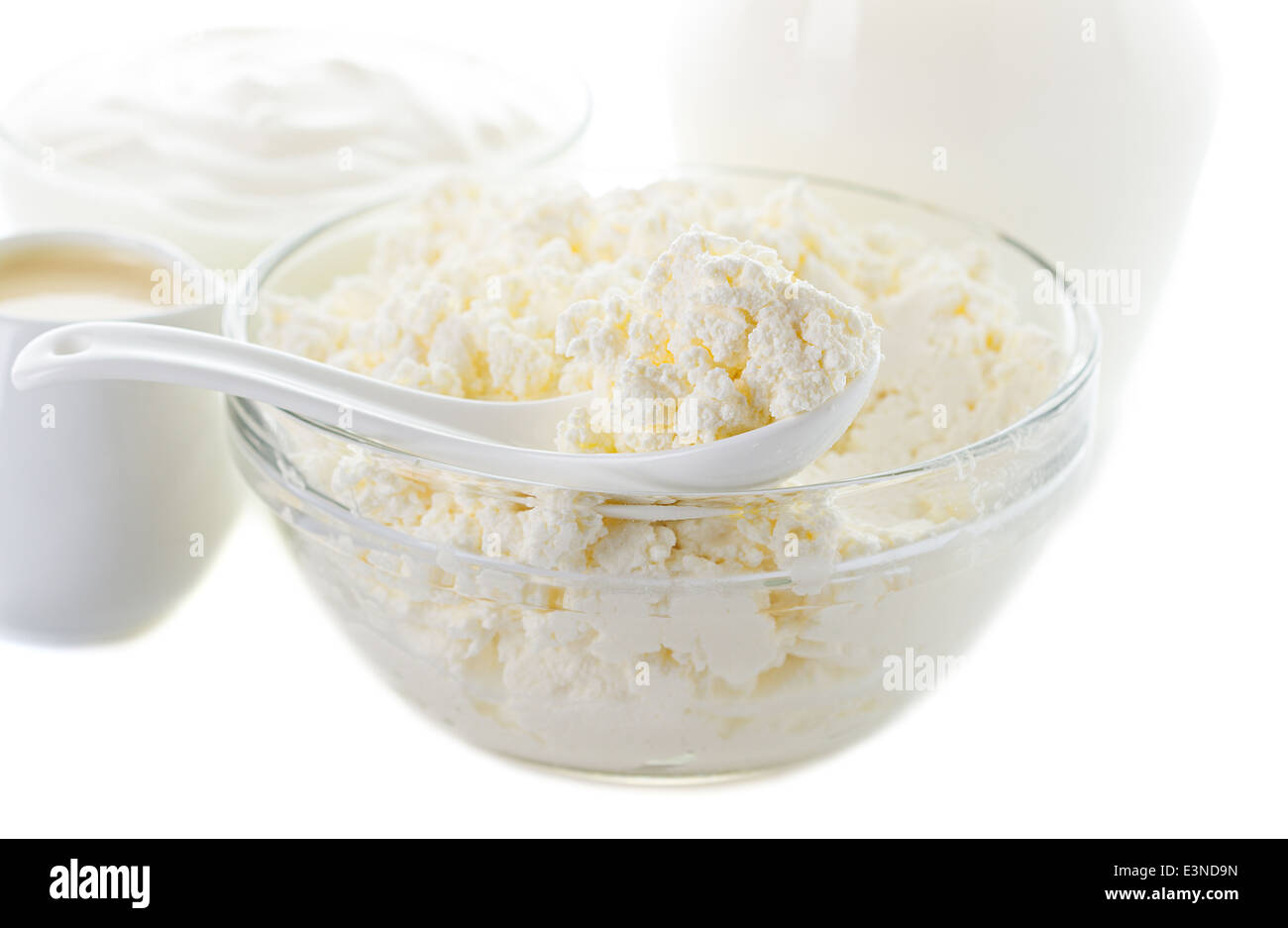 Dairy Products. Milk, cream, sour cream and cottage cheese Stock Photo