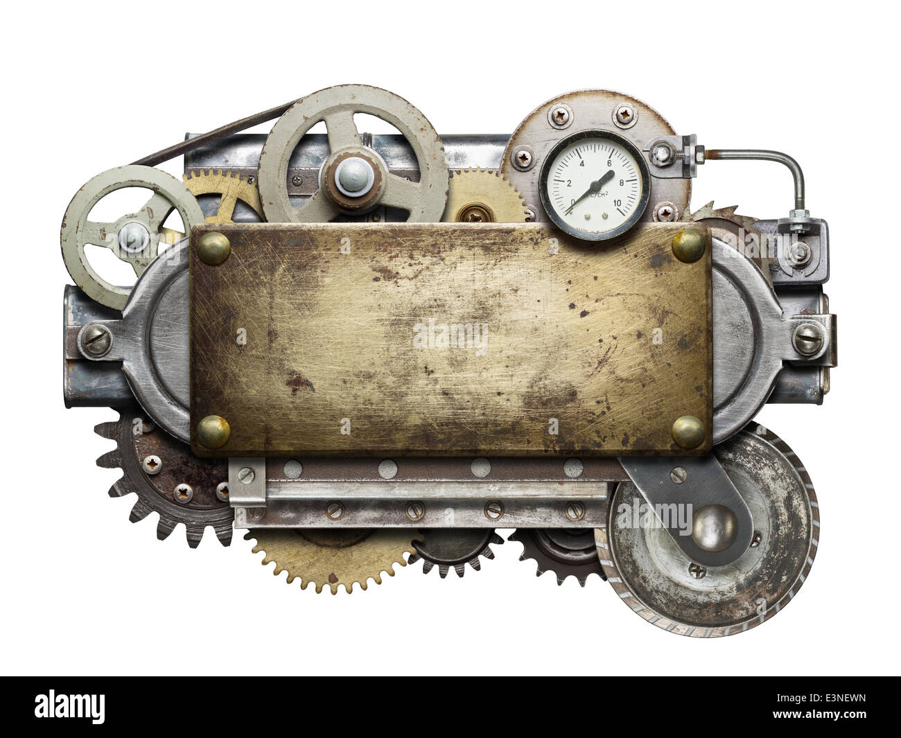 Stylized metal collage of mechanical device. Stock Photo