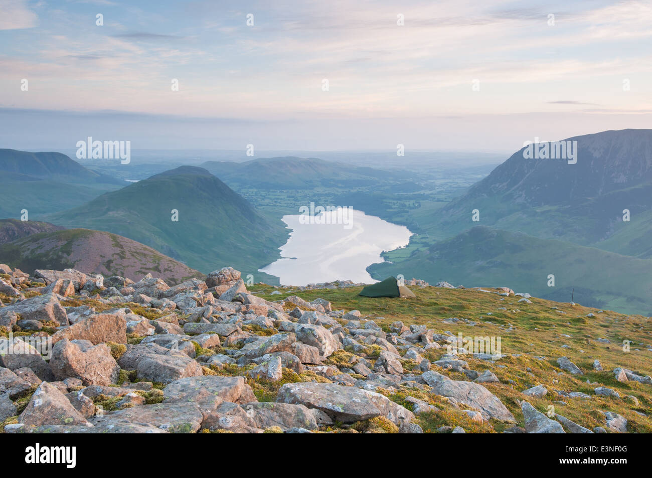 Wild camping on High Stile above Buttermere, with Crummock Water in the background, English Lake District Stock Photo
