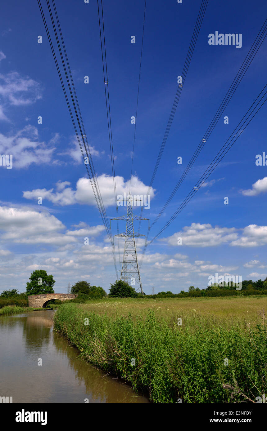Electricity Pylons, Ashby Canal, Warwickshire, United Kingdom Stock Photo