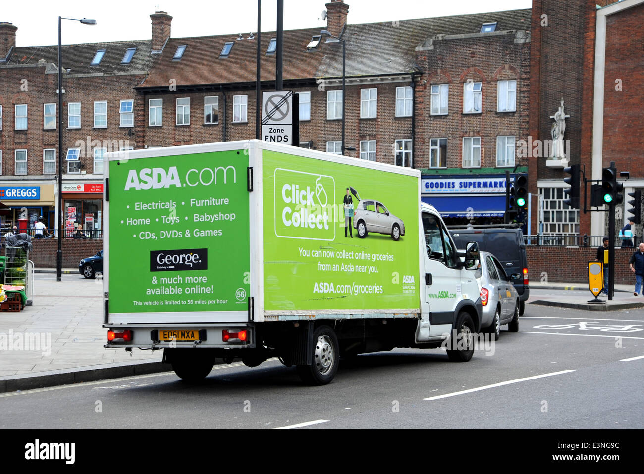 Asda delivery van amongst traffic in East Acton in the London Borough of Hammersmith and Fulham Stock Photo