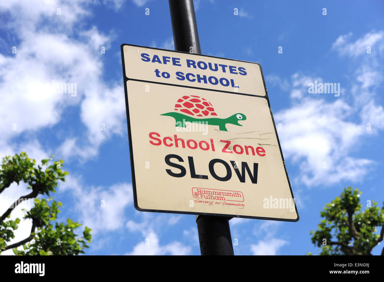 Safe Route to School for children traffic sign East Acton in the London Borough of Hammersmith