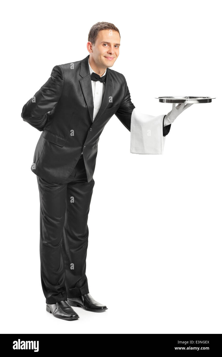 Full length portrait of a professional waiter holding a tray Stock Photo