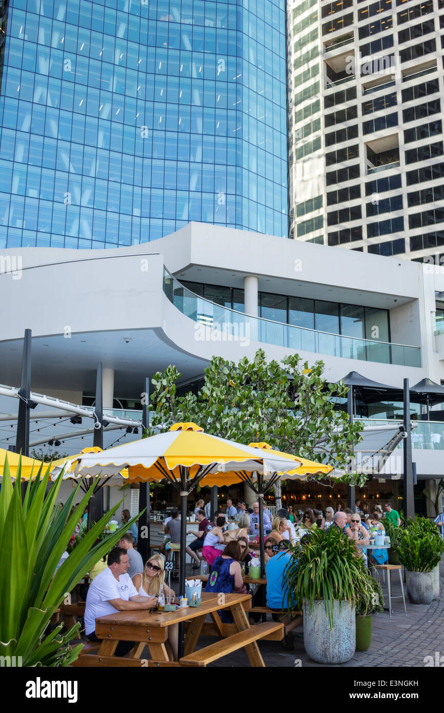 Brisbane Australia,Eagle Street Pier,Riverside Centre,center,restaurant restaurants food dining cafe cafes,umbrellas,al fresco sidewalk outside tables Stock Photo