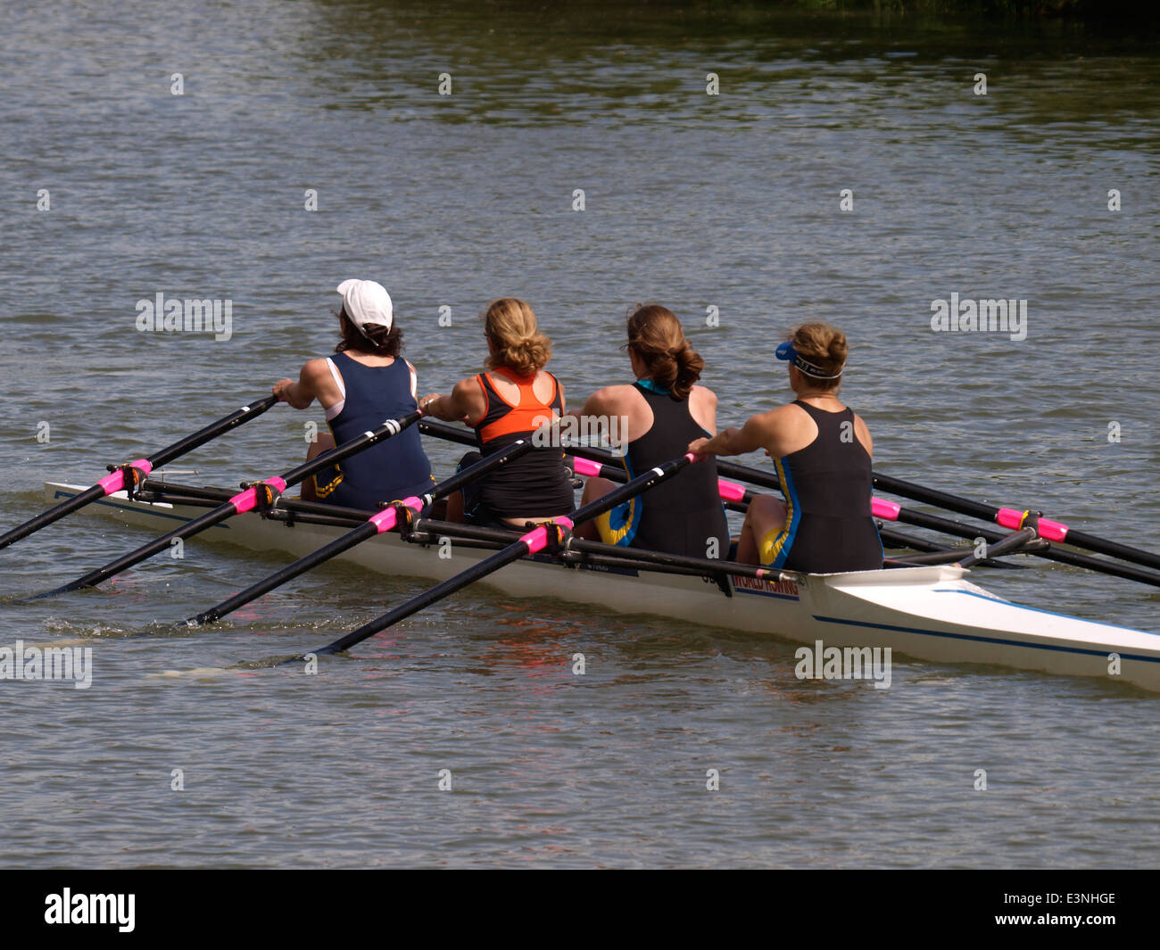 Women's Quadruple Scull team training on the River Thames, Oxford, UK Stock Photo