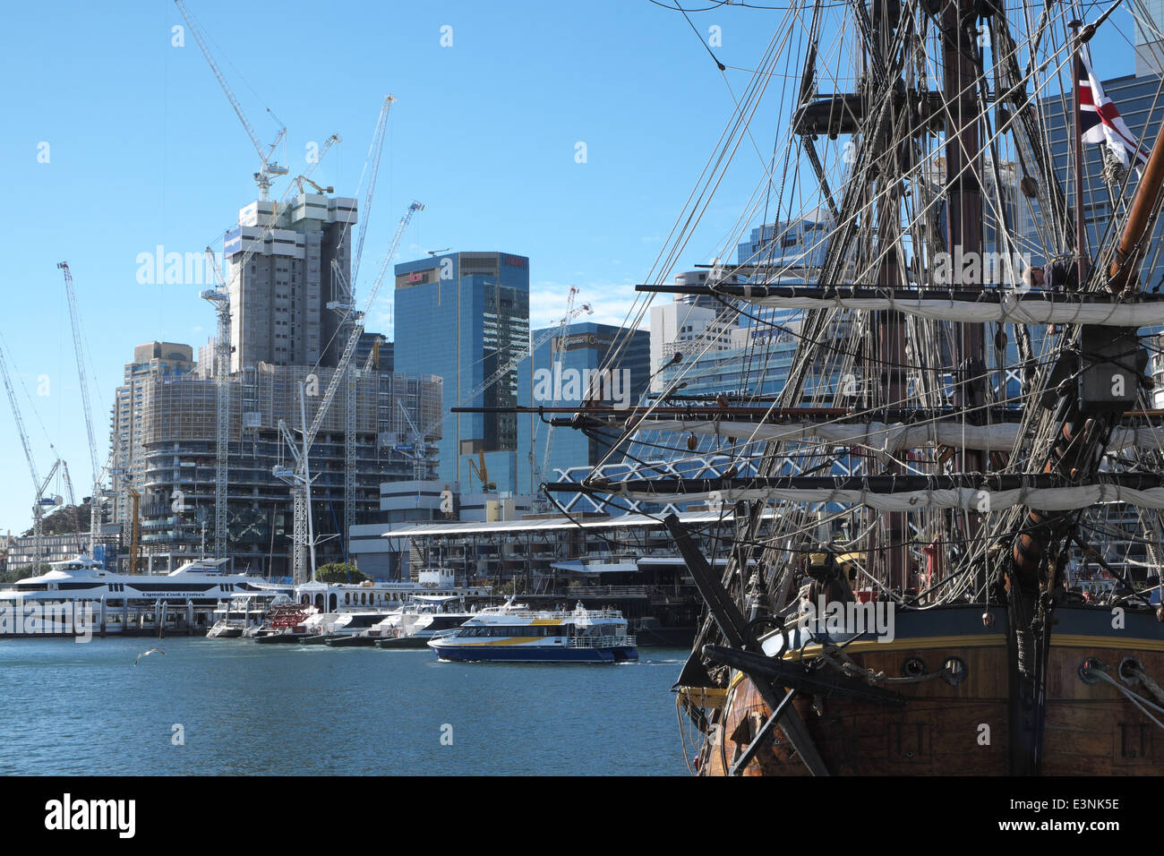 replica of captain cook ship, Endeavour  maritime museum at cockle bay, Darling Harbour,Sydney,New South Wales,Australia Stock Photo