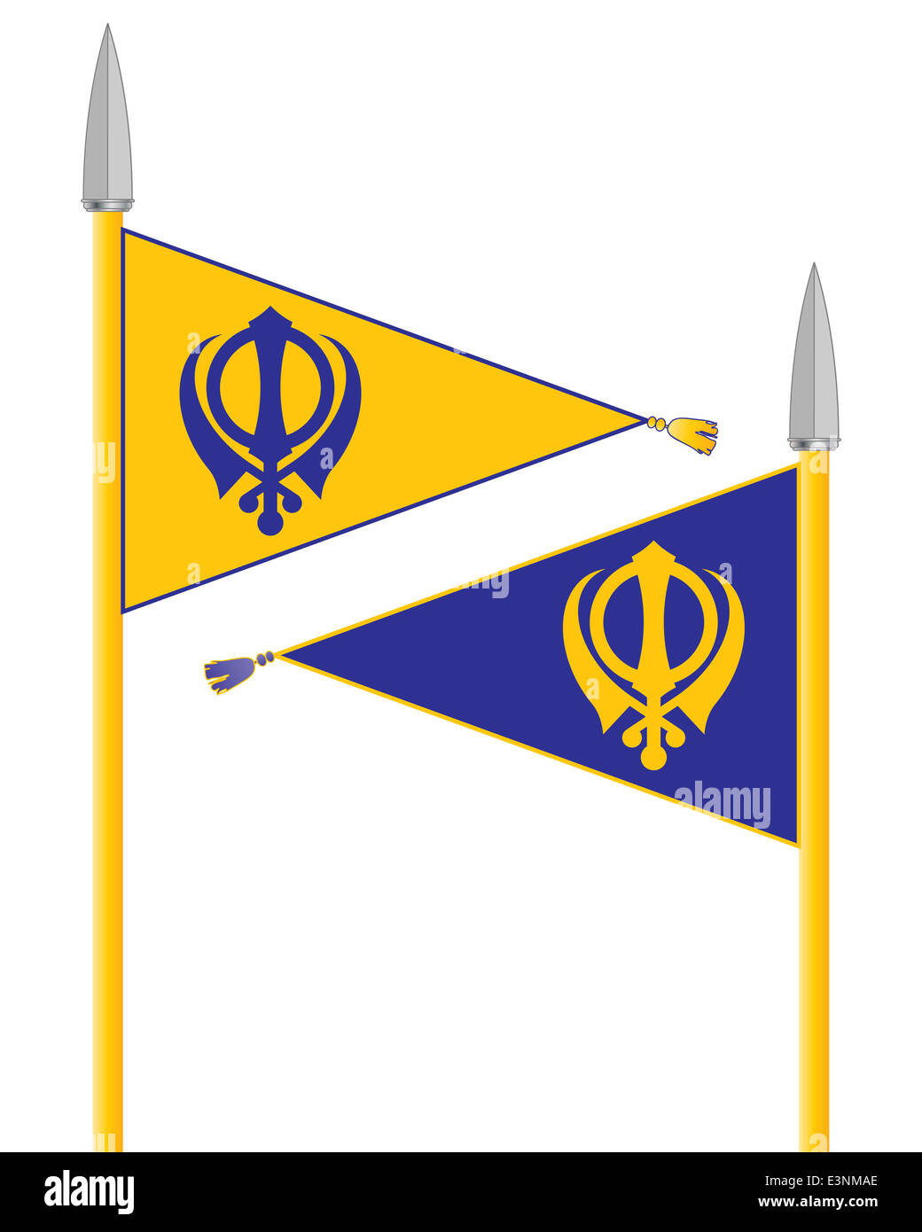 an illustration of the Nishan Sahib the flag of the Sikhs in saffron and blue with spear poles on a white background Stock Photo