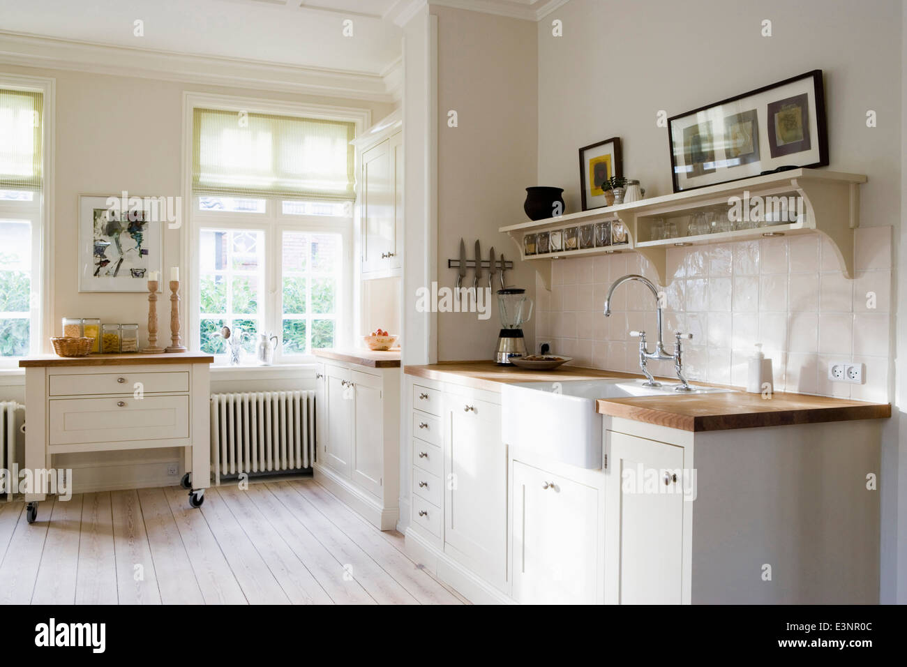 Sunlit kitchen in Zahrtmann family home, Copenhagen, Denmark. Stock Photo