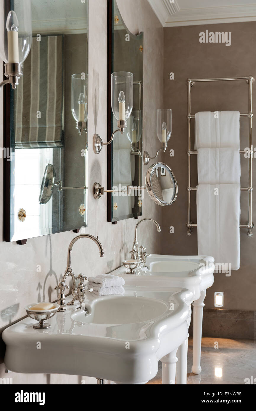 bathroom with two wash basins Stock Photo Alamy
