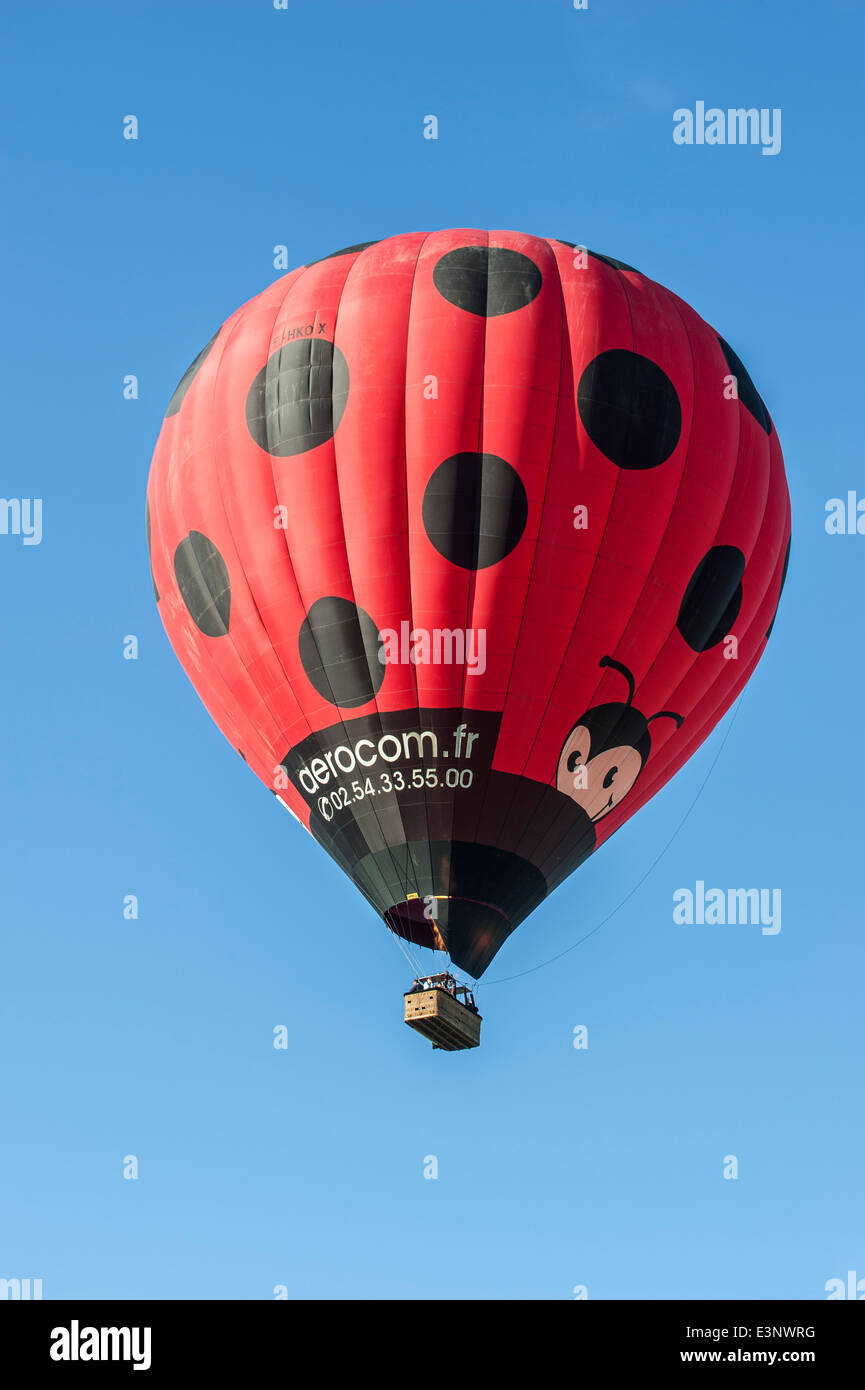 Balloonists / Aeronauts flying in hot-air balloon resembling a giant red ladybird / ladybug Stock Photo