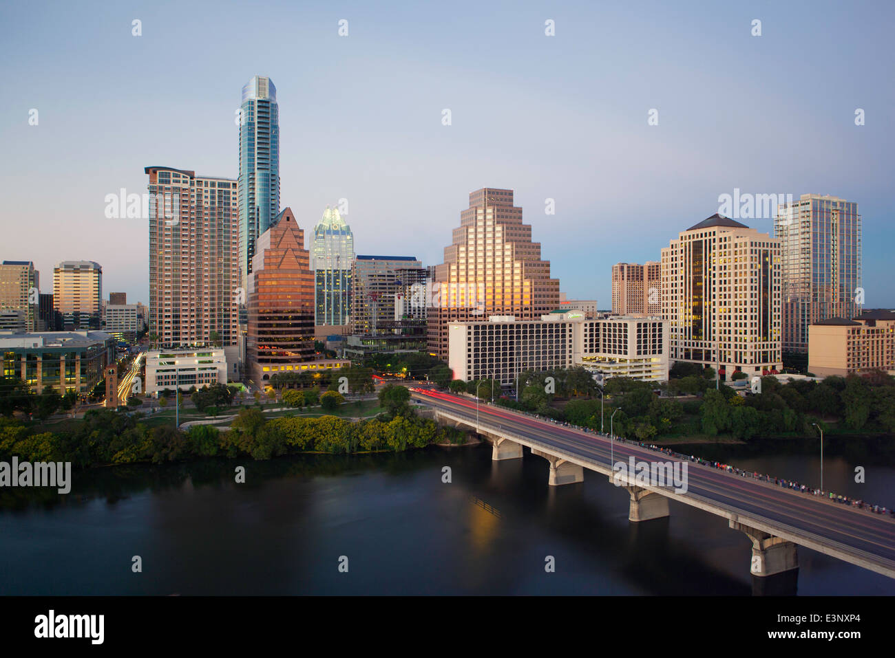 City skyline across the Colorado river, Austin, Texas, United States of America Stock Photo