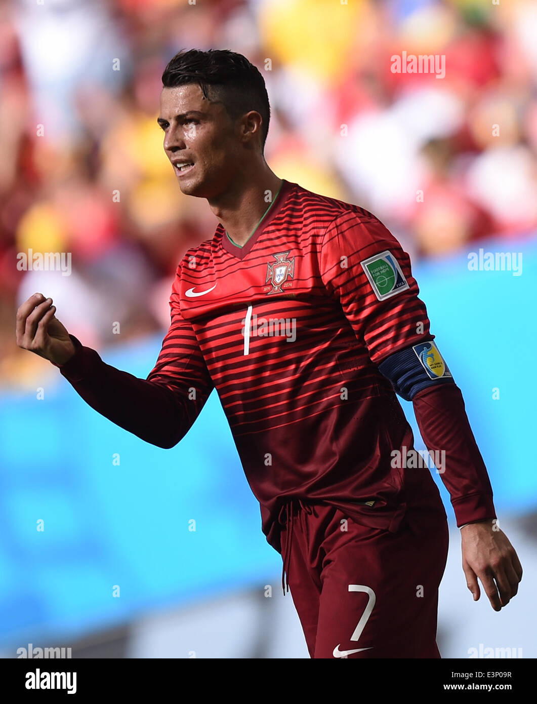 Brasilia, Brazil. 26th June, 2014. Cristiano Ronaldo of Portugal reacts during the FIFA World Cup 2014 group G preliminary round match between Portugal and Ghana at the Estadio National Stadium in Brasilia, Brazil, on 26 June 2014 Credit: © dpa picture alliance/Alamy Live News  Stock Photo