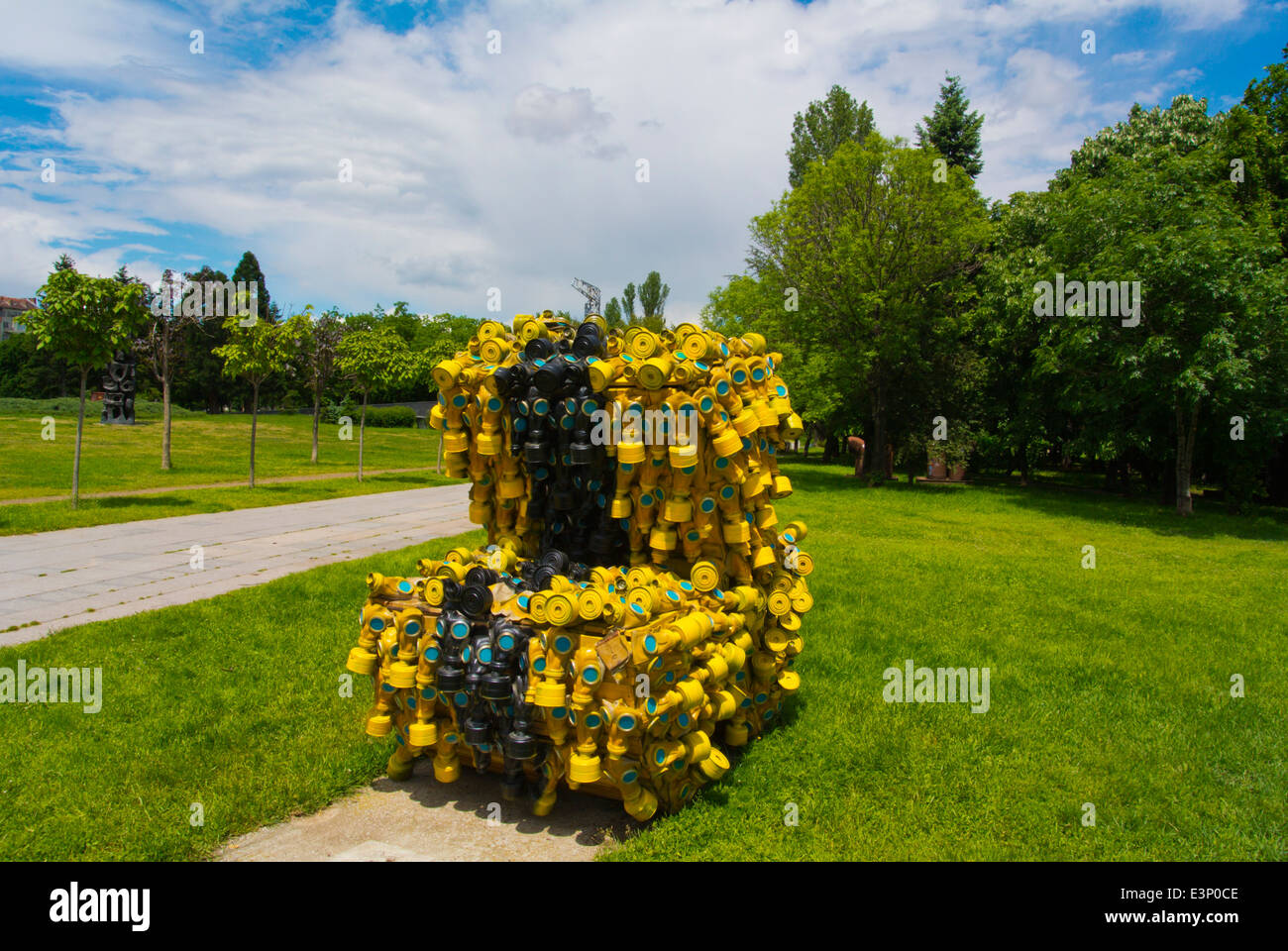 Gas mask sculpture made up of 400 gas masks on May 10 2014, NKD park, central Sofia, Bulgaria, Europe Stock Photo