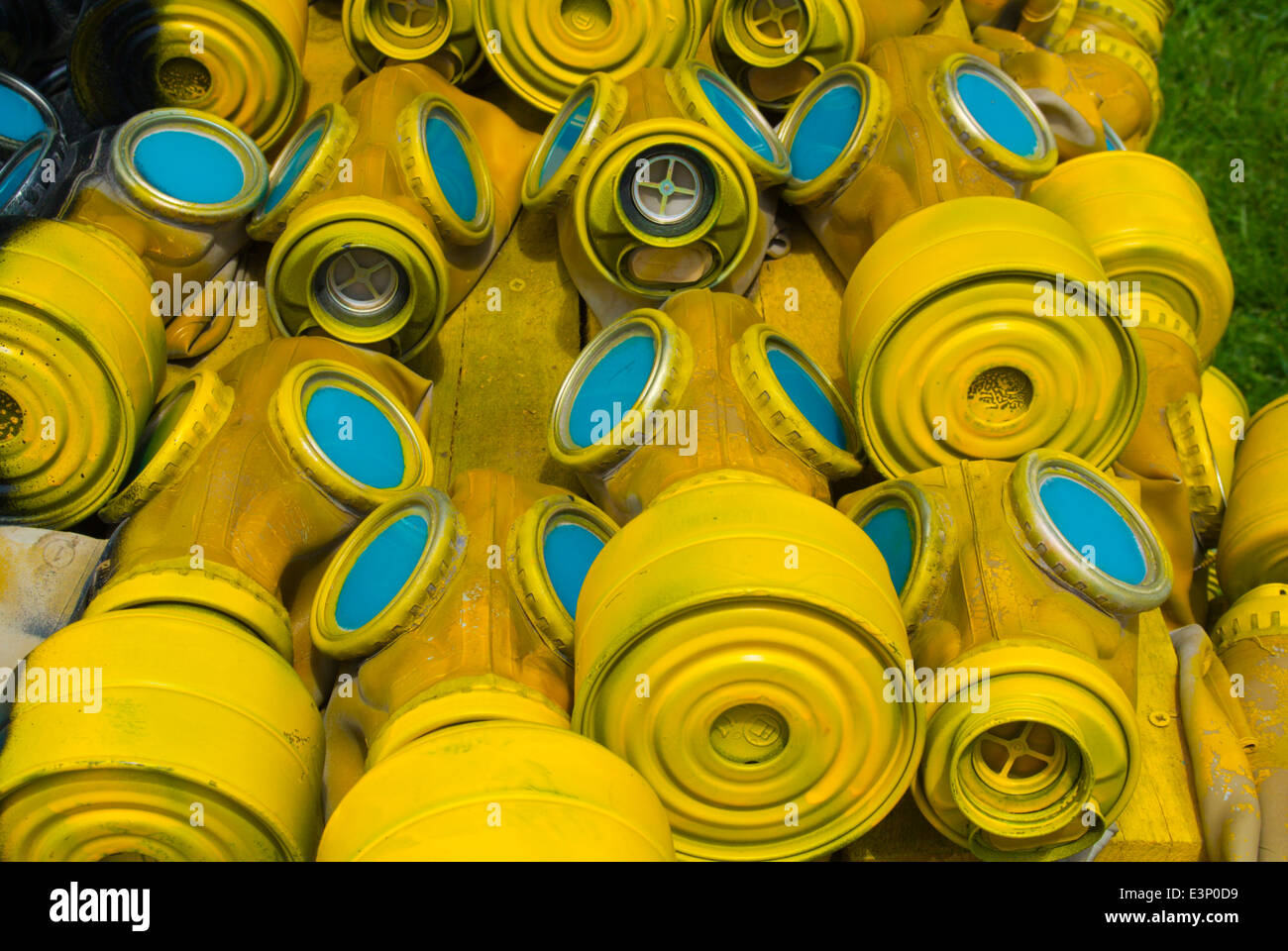 Gas mask sculpture made up of 400 gas masks on May 10 2014, NKD park, central Sofia, Bulgaria, Europe Stock Photo