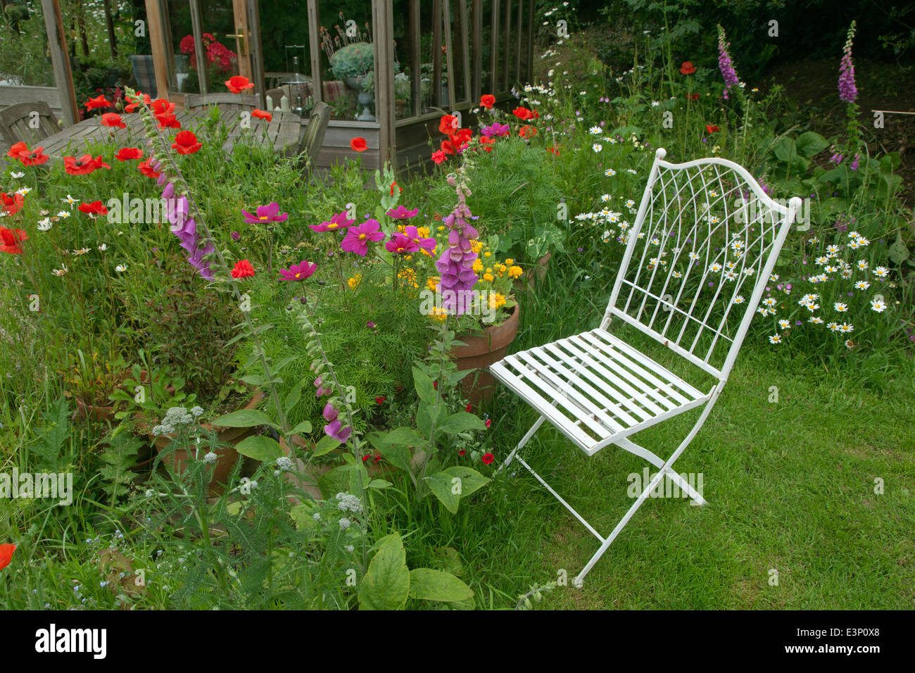 Pretty garden flowers and garden seat with trug and implements Stock Photo