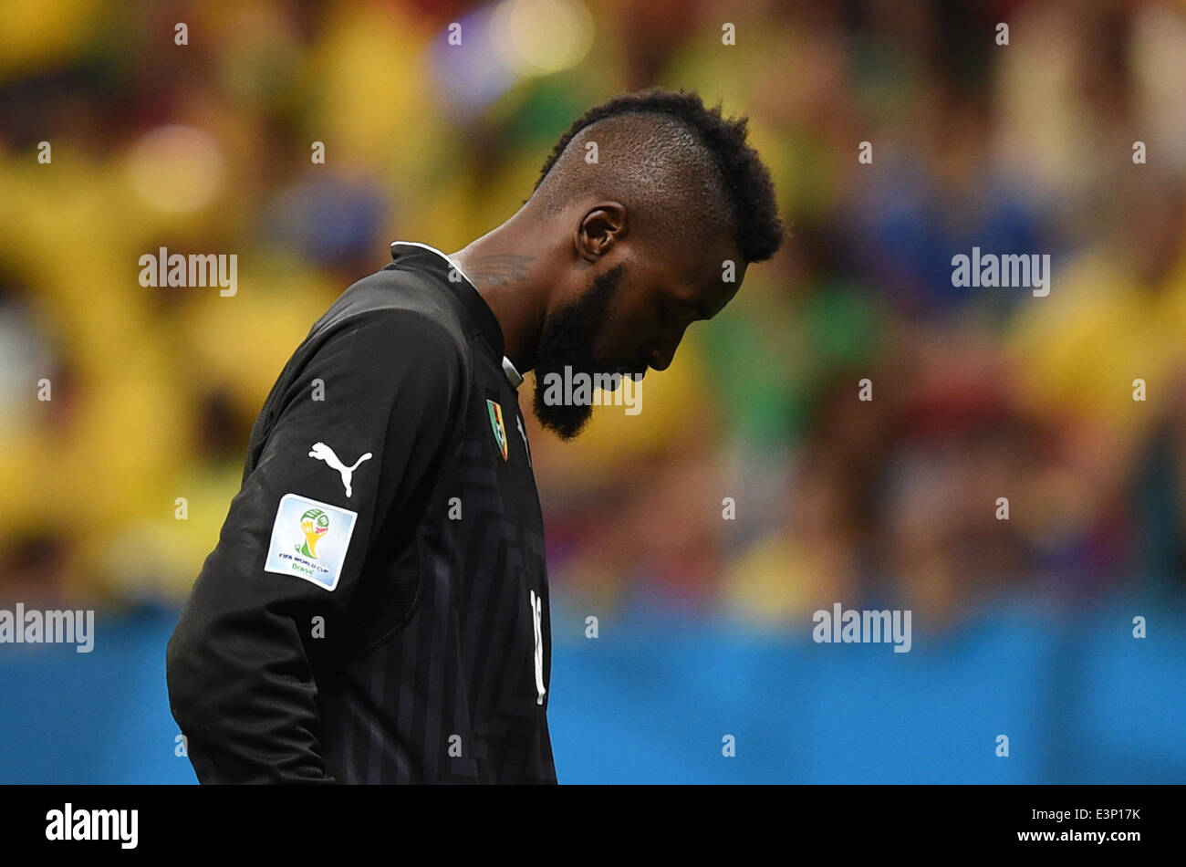 Cameroon's goalkeeper Charles Itandje reacts during the FIFA World Cup 2014 group A preliminary round match between Cameroon and Brazil at the Estadio Nacional in Brasilia, Brazil, 23 June 2014. Photo: Marius Becker/dpa (RESTRICTIONS APPLY: Editorial Use Only, not used in association with any commercial entity - Images must not be used in any form of alert service or push service of any kind including via mobile alert services, downloads to mobile devices or MMS messaging - Images must appear as still images and must not emulate match action video footage - No alteration is made to, and no tex Stock Photo