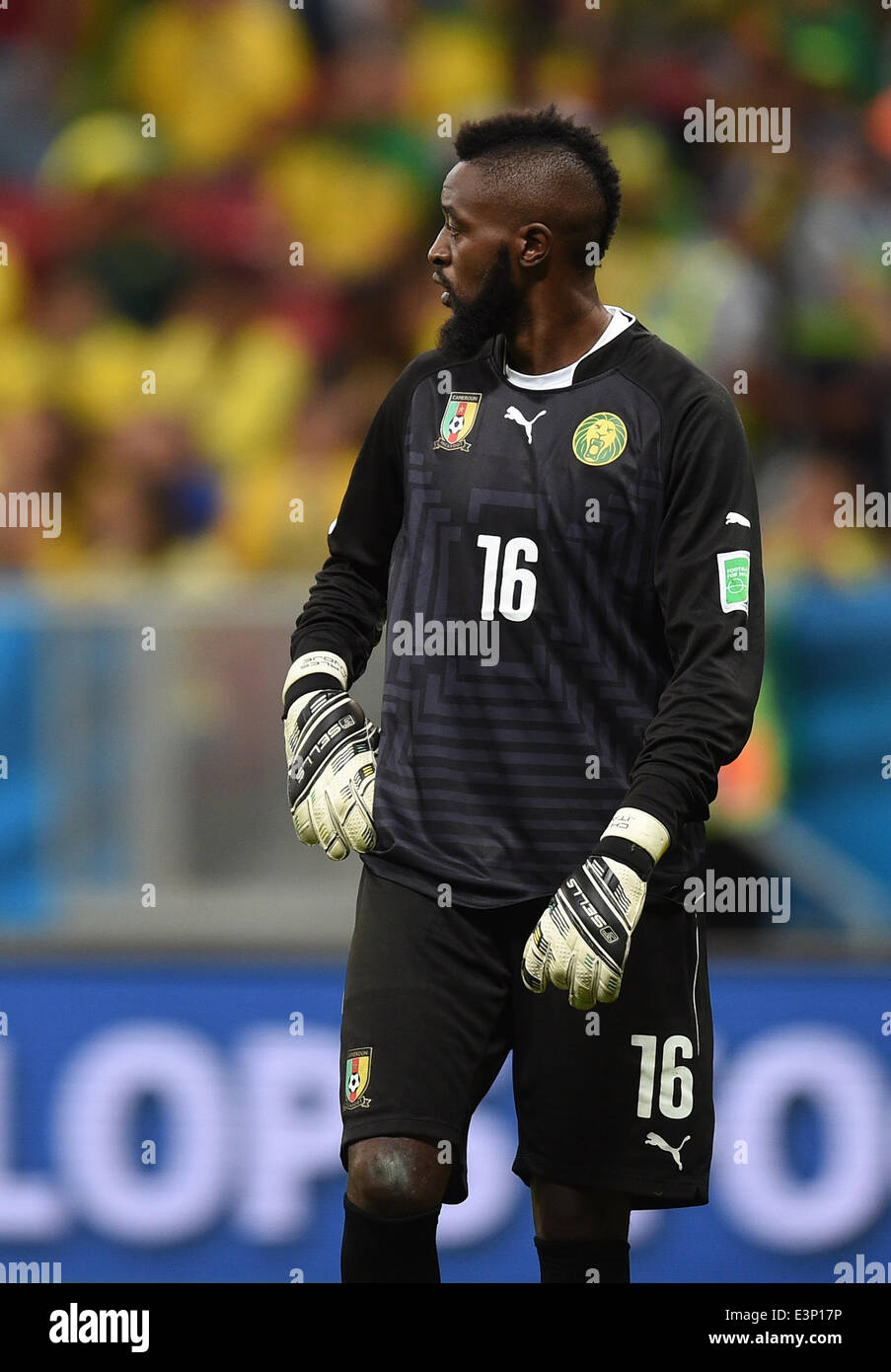 Cameroon's goalkeeper Charles Itandje reacts during the FIFA World Cup 2014 group A preliminary round match between Cameroon and Brazil at the Estadio Nacional in Brasilia, Brazil, 23 June 2014. Photo: Marius Becker/dpa (RESTRICTIONS APPLY: Editorial Use Only, not used in association with any commercial entity - Images must not be used in any form of alert service or push service of any kind including via mobile alert services, downloads to mobile devices or MMS messaging - Images must appear as still images and must not emulate match action video footage - No alteration is made to, and no tex Stock Photo