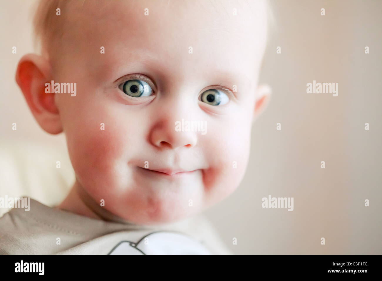 Close up portrait One year old little child baby boy smiling and