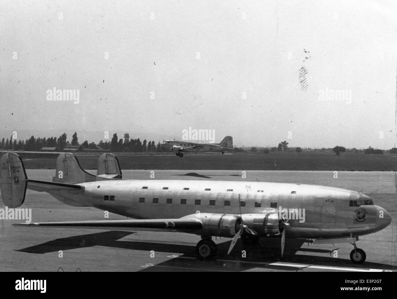 The Douglas DC-4E Super Mainliner, bearing registration NX18100, was an advanced airliner developed by the Douglas Aircraft Company in the late 1930s. Known for its innovative design, it was a precursor to later, more successful commercial aircraft. Stock Photo