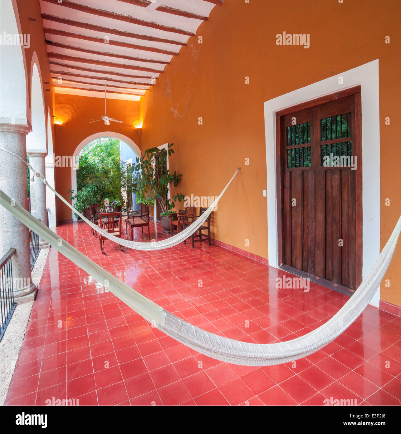 Hammocks hang in the patio of the San Jose Cholul hacienda in Yucatan