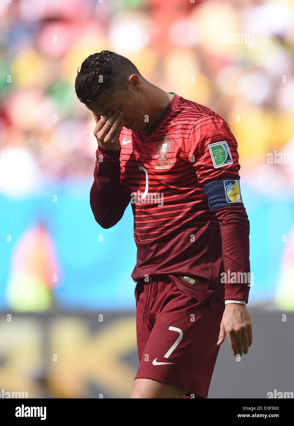 Brasilia, Brazil. 26th June, 2014. Cristiano Ronaldo of Portugal reacts during the FIFA World Cup 2014 group G preliminary round match between Portugal and Ghana at the Estadio National Stadium in Brasilia, Brazil, on 26 June 2014. Photo: Marius Becker/dpa/Alamy Live News  Stock Photo