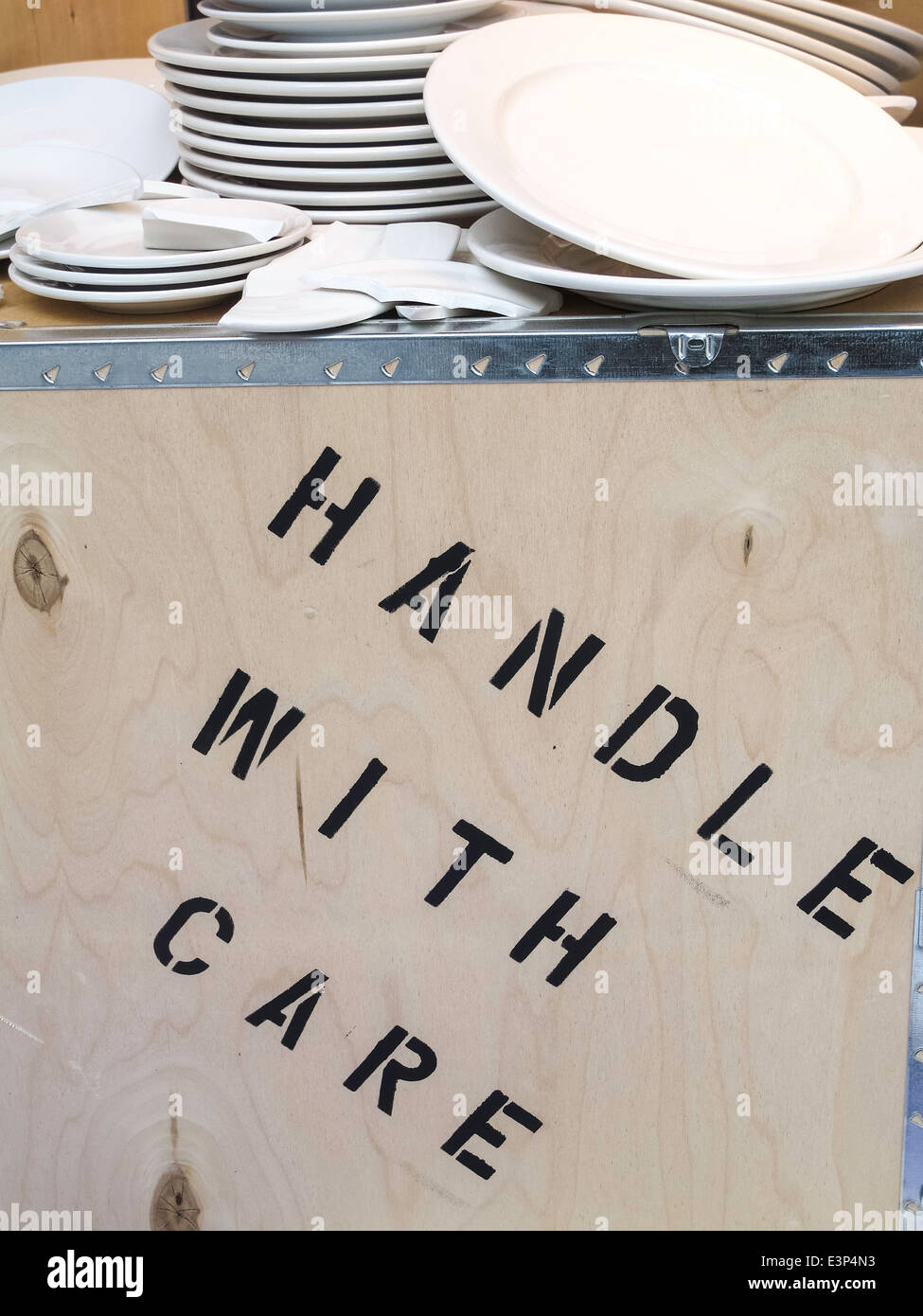 Still Life, Broken Dishes and Crate Labeled "Handle with Care", USA Stock Photo Alamy