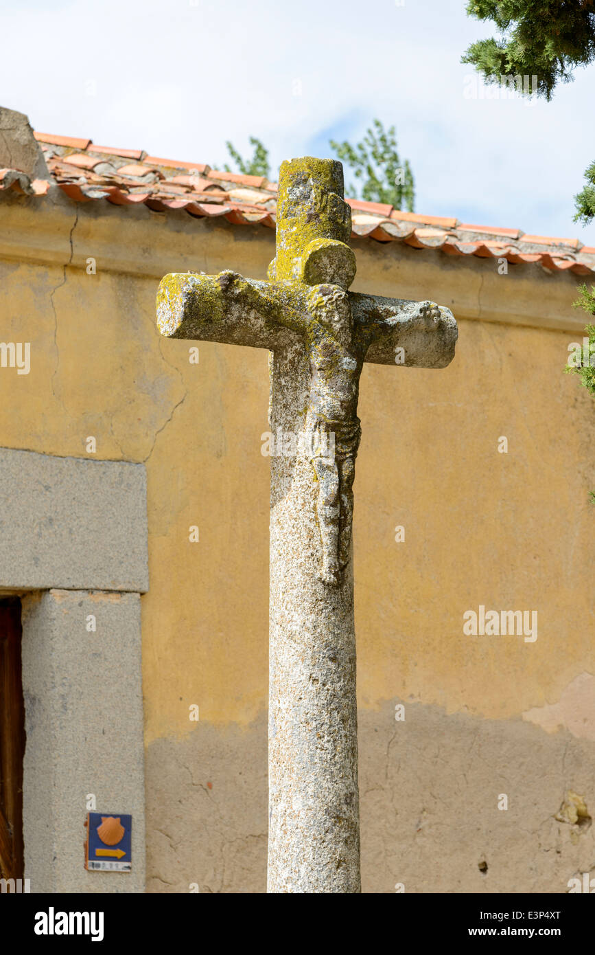 Detail of Christian cross with Jesus Christ figure in small church in Zamarramala town (near Segovia, Spain) Stock Photo